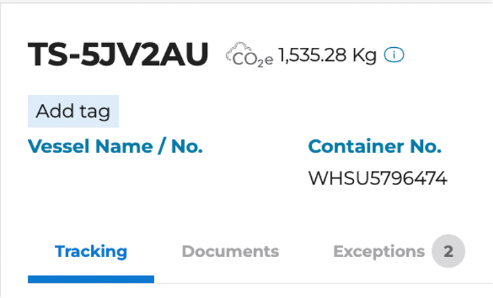 A screenshot showing the booking reference and CO2 emissions calculated in KG's as per the GLEC Framework. The vessel name and number details and the container number are also shown.