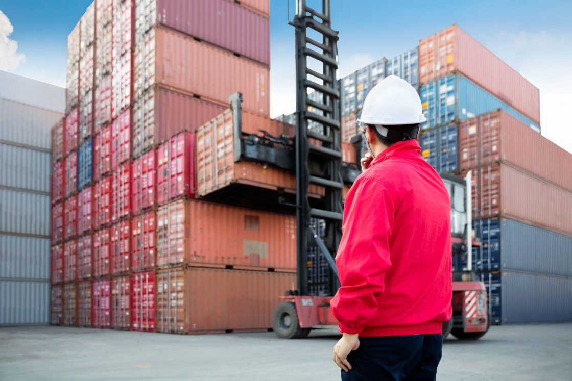 Customers agent standing in front of a container stack ready for inspection