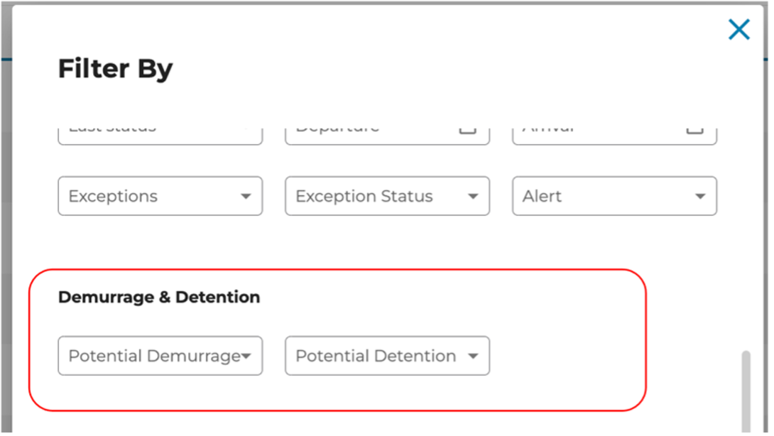 View of the demurrage and detention filters at origin or destination. 