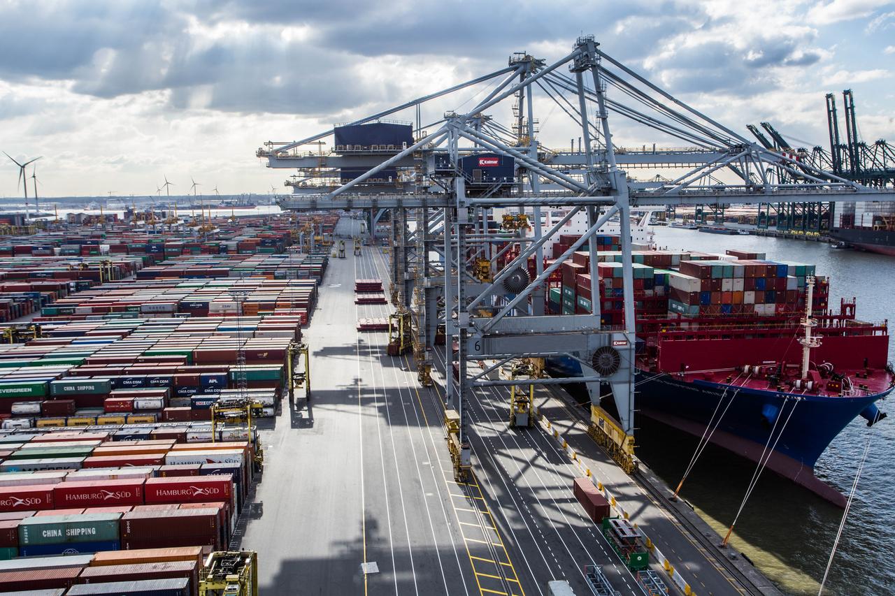 Large container vessel berthed at Antwerp Port