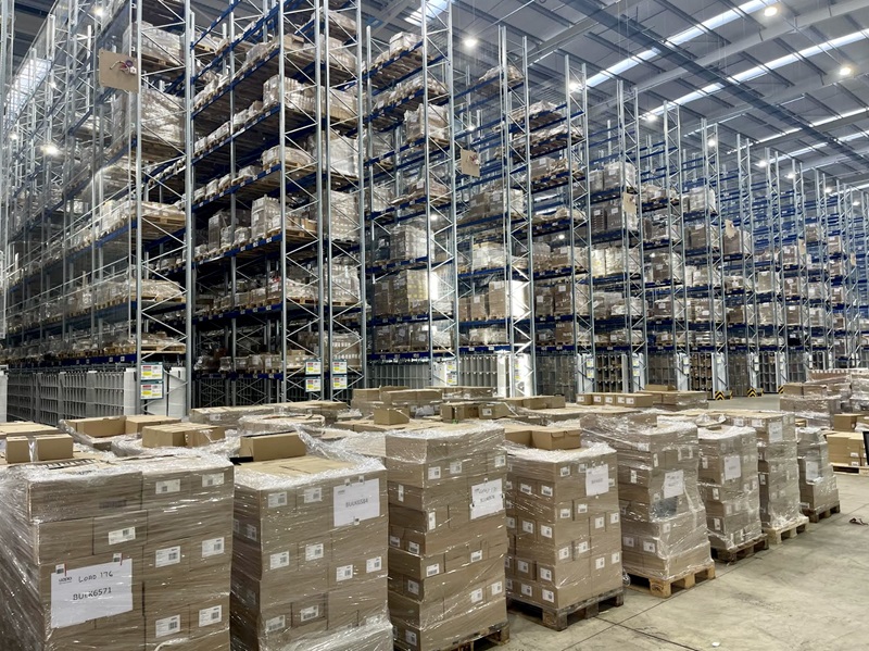 Stocked shelves at Utopia Distribution Services' new warehouse in Bicester, Oxfordshire